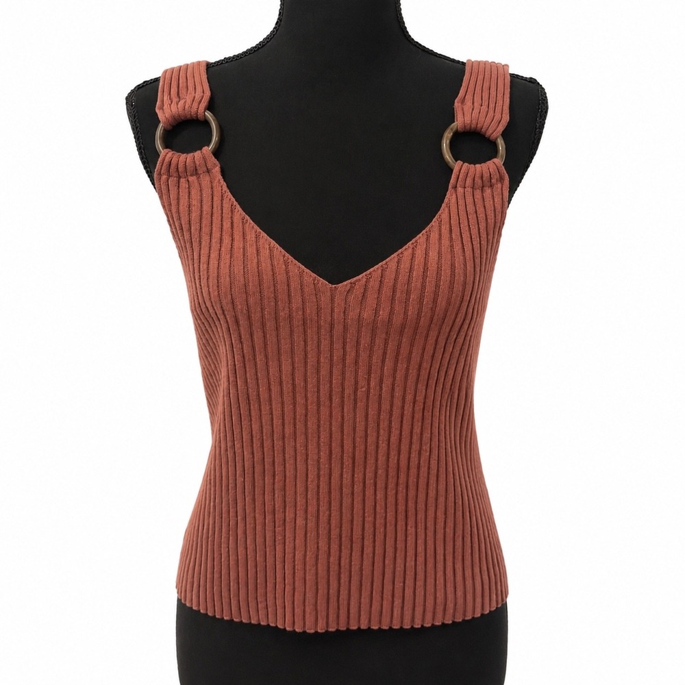 NWOT Club Monaco Ribbed Linen Blend V-Neck Tank Top Brown Ring Strap Medium - Picture 2 of 9